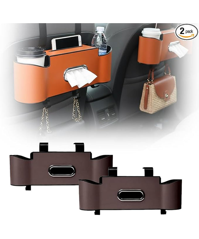 3-in-1 Car Backseat Organizer, 2026 New Multifunctional Back Seat Car Organizer with Cup Holder, Tissue Box, Trash Bin & Hooks for Hold Phones, Snacks, Drinks, Handbags (2, Brown)