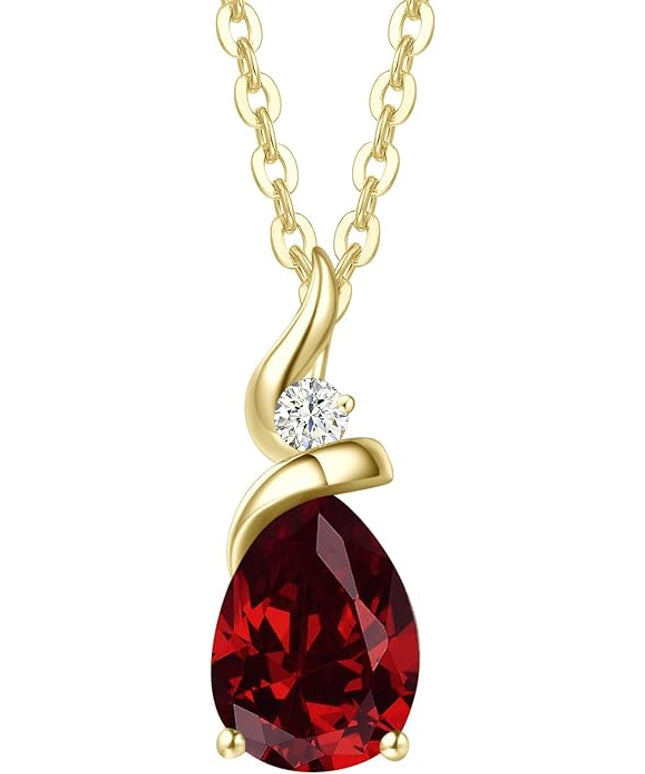 FANCIME 14K Solid Yellow Gold Birthstone Pendant Necklace for Women with Diamond Pear Shaped Teardrop Necklace Birthday Gifts for Mom Women Sterling Silver Chain 16" + 2" Extender