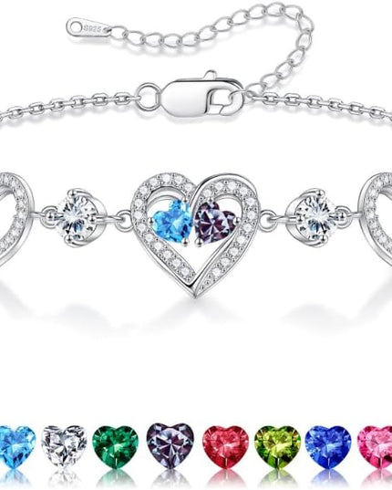 Iefil Valentines Day Gifts for Her - 925 Sterling Silver Heart Birthstone Bracelet Birthday Anniversary Jewelry Gifts for Her Wife