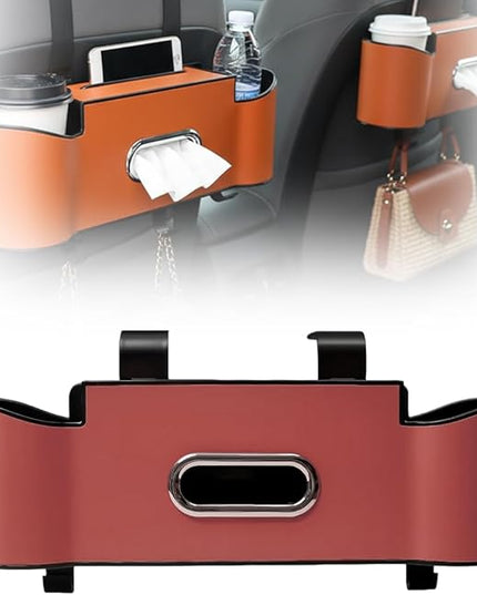 3-in-1 Car Backseat Organizer, 2026 New Multifunctional Back Seat Car Organizer with Cup Holder, Tissue Box, Trash Bin & Hooks for Hold Phones, Snacks, Drinks, Handbags (1, Red)