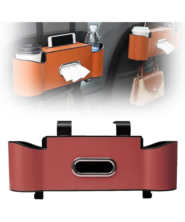 3-in-1 Car Backseat Organizer, 2026 New Multifunctional Back Seat Car Organizer with Cup Holder, Tissue Box, Trash Bin & Hooks for Hold Phones, Snacks, Drinks, Handbags (1, Red)