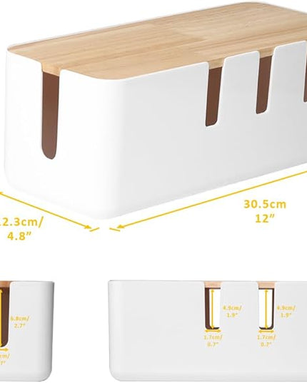Cable Management Box by Baskiss, 12x5x4.5 inches, Wood Lid, Wire Organizer for Desk TV Computer USB Hub System to Cover and Hide & Power Strips & Cords