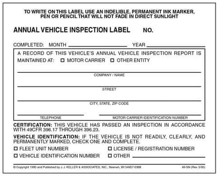 100-Pack, Annual Vehicle Inspection Label, 2-Ply Adhesive Vinyl, Prenumbered, DOT Compliant, J. J. Keller & Associates, Inc.
