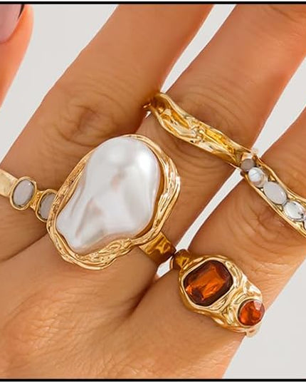 Chunky Gold Rings for Women Non Tarnish Statement Flower Ring Baroque Pearl Stackable Rings Set 6Pcs Chunky Jewelry