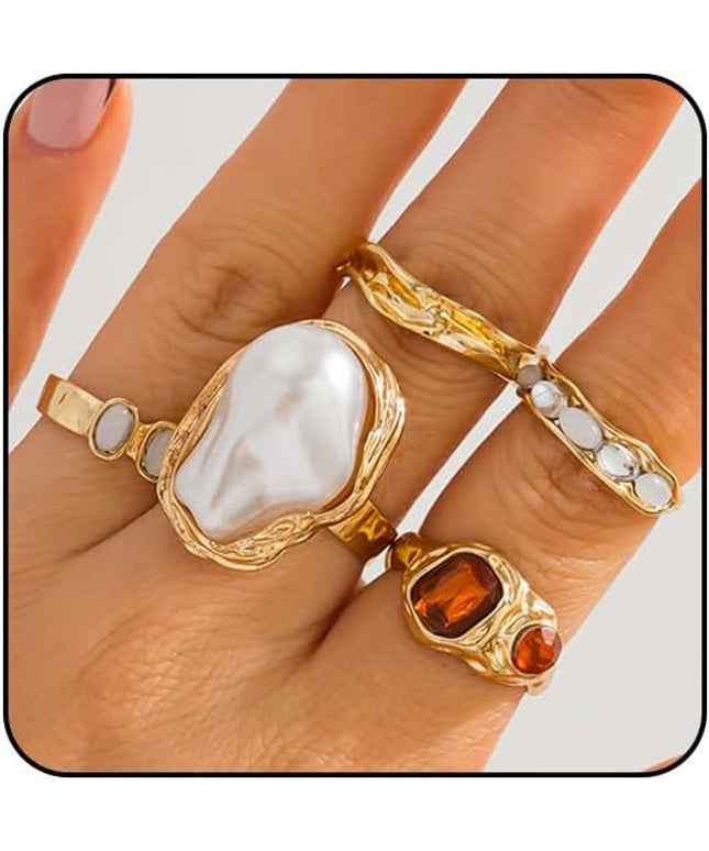 Chunky Gold Rings for Women Non Tarnish Statement Flower Ring Baroque Pearl Stackable Rings Set 6Pcs Chunky Jewelry