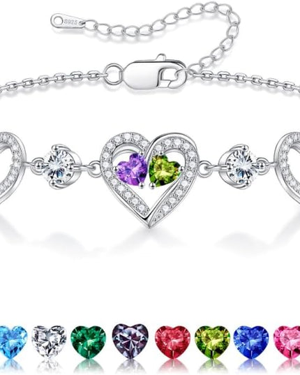 Iefil Valentines Day Gifts for Her - 925 Sterling Silver Heart Birthstone Bracelet Birthday Anniversary Jewelry Gifts for Her Wife