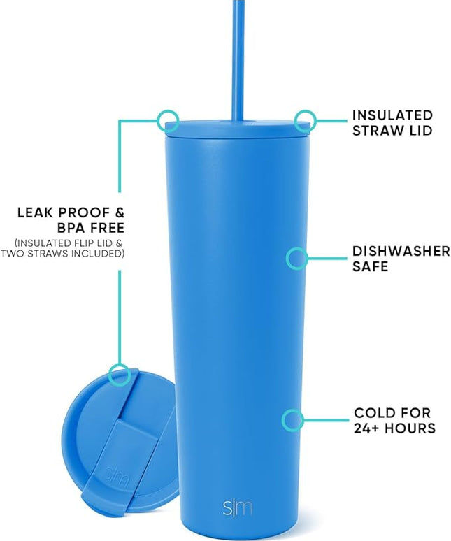 Simple Modern Insulated Tumbler with Lid and Straw | Iced Coffee Cup Reusable Stainless Steel Water Bottle Travel Mug | Gifts for Women Men Her Him | Classic Collection | 28oz | Supersonic Blue