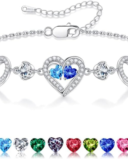 Iefil Valentines Day Gifts for Her - 925 Sterling Silver Heart Birthstone Bracelet Birthday Anniversary Jewelry Gifts for Her Wife