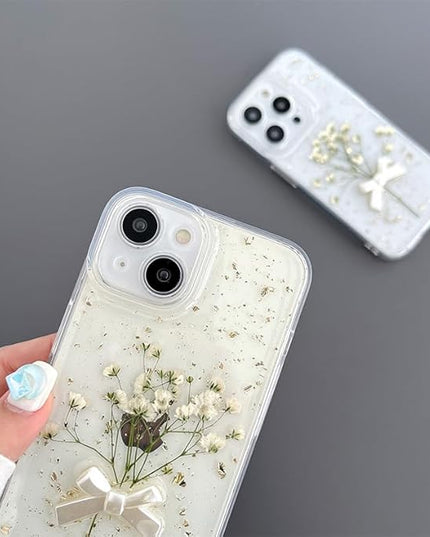 for iPhone 11 - White Flower Bow Case - Real Flower Gold Foil Transparent Case - Soft TPU Case for Women and Girls 6.1