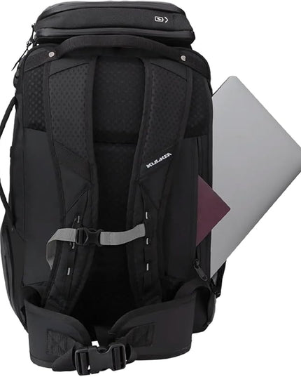 Käydä 44L Travel Backpack - Spacious Carry On Backpack with Detachable Travel Pouch, Magnetic Water Bottle Pocket, Passport and Laptop Pocket - Convertible Boot Bag for Snow Sports (Black/Silver)