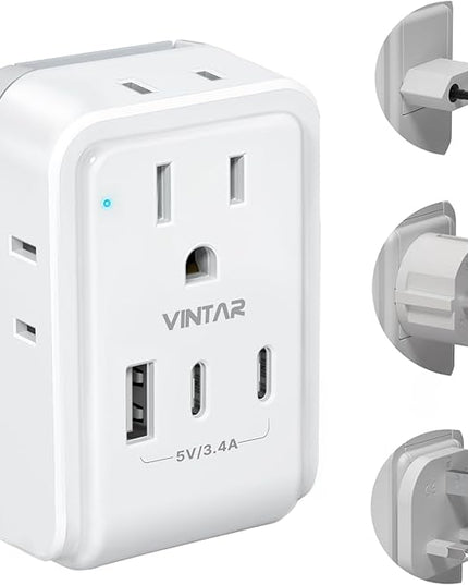 VINTAR European Travel Plug Adapter Kit, Adapter for Europe Plug with 3 USB Ports (2 USB C) 4 AC Outlets, Type C,G,E/F Detachable Attachments, International Power Adapter for Europe UK France Italy