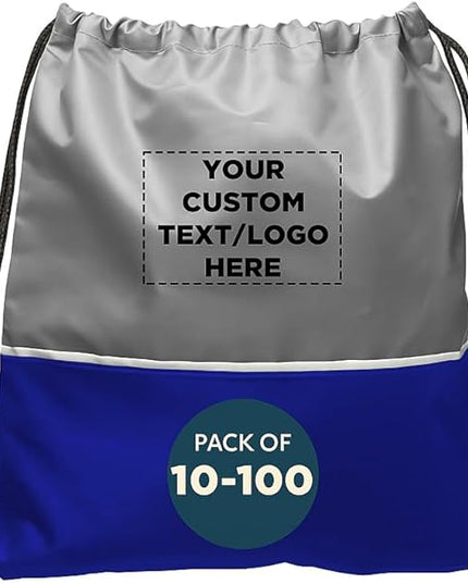 DISCOUNT PROMOS Custom Easy Go Drawstring Backpack Set of 10/50/100, Personalized Bulk Pack - Great for Travelling, Gym and for Everyday Use - Blue