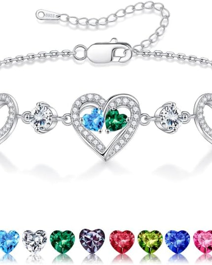 Iefil Valentines Day Gifts for Her - 925 Sterling Silver Heart Birthstone Bracelet Birthday Anniversary Jewelry Gifts for Her Wife