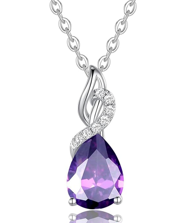 FANCIME 14K Solid White Gold Teardrop Pendant with Diamond Birthstone Necklace