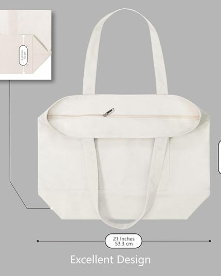 TOPDesign 6-Pack Canvas Tote Bags with an External Pocket, Reusable Grocery Shopping Bags, Top Zipper Closure, Daily Essentials (Natural)