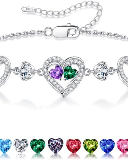 Iefil Valentines Day Gifts for Her - 925 Sterling Silver Heart Birthstone Bracelet Birthday Anniversary Jewelry Gifts for Her Wife