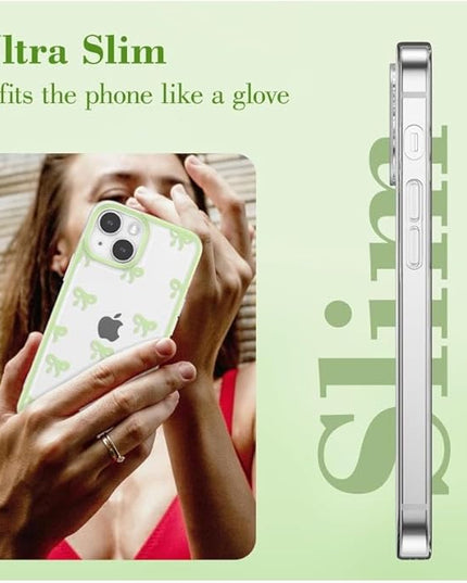 Designed for iPhone Case,Clear Cute Ribbon Bowknot Pattern Aesthetic Transparent Phone Case Raised Camera Protection Stylish Slim Soft Phone Case (Green,iPhone 16 Pro Max)
