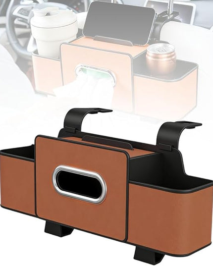 Multifunctional Car Seat Back Storage Box, 2026 New Seat Back Bag, Car Seat Tissue Box and Storage Box with 2 Cup Holders, Universal Back Seat Car Organizer for Organizer (Brown)