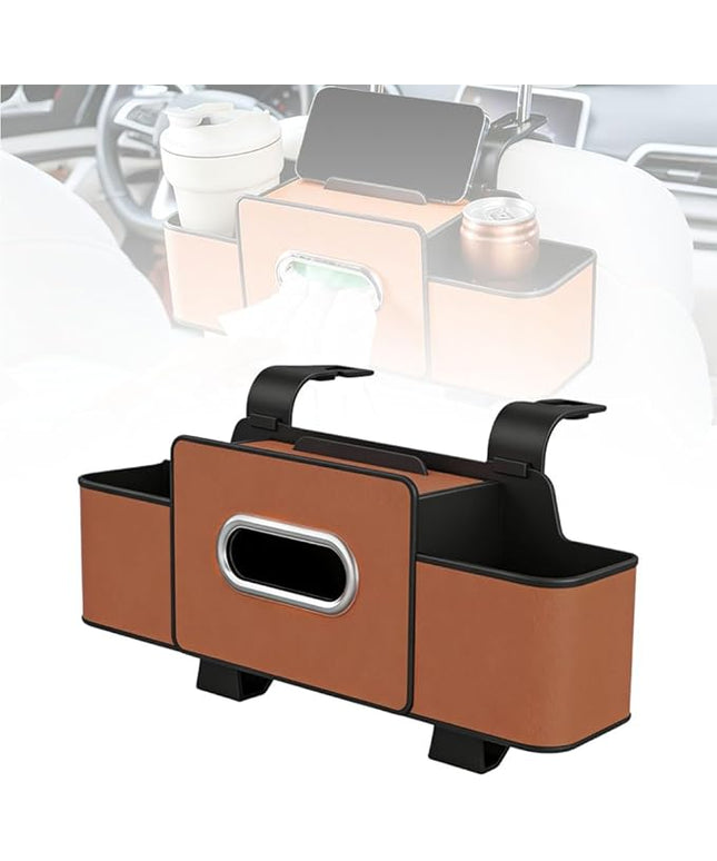 Multifunctional Car Seat Back Storage Box, 2026 New Seat Back Bag, Car Seat Tissue Box and Storage Box with 2 Cup Holders, Universal Back Seat Car Organizer for Organizer (Brown)