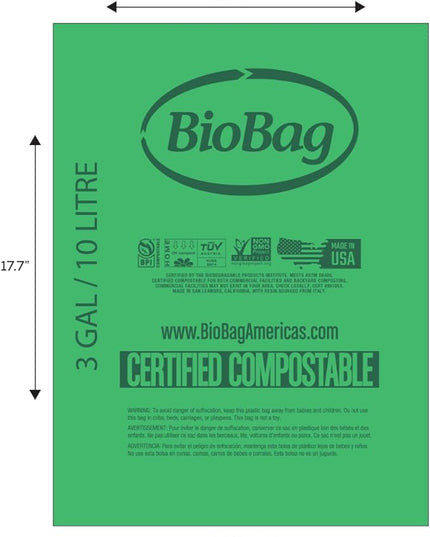 3 Gallon Compostable Food Scrap Bags by BioBag, 100 Count, BPI Certified, Meets ASTM D6400 Standards, Made in USA, Kitchen Trash Bin Liners