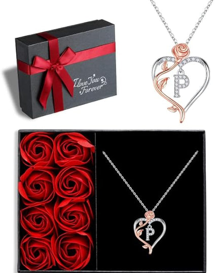 Iefil Christmas Gifts for Women Wife - 925 Sterling Silver Rose Heart Initial Necklace, Anniversary Birthday Gifts for Women, Jewelry Gift for Her Wife Girlfriend Mom Daughter