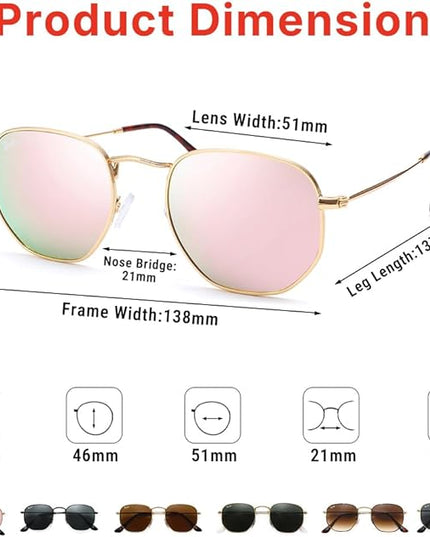 Pro Acme Small Square Sunglasses for Women Men 100% Real Glass Lens Hexagonal Frame