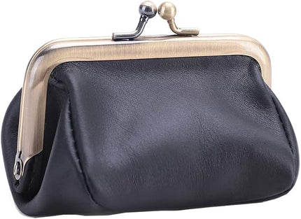Plinvo Mini Genuine Leather Coin Purse for Women Vintage Kiss Lock Change Organizer Blue (Black)