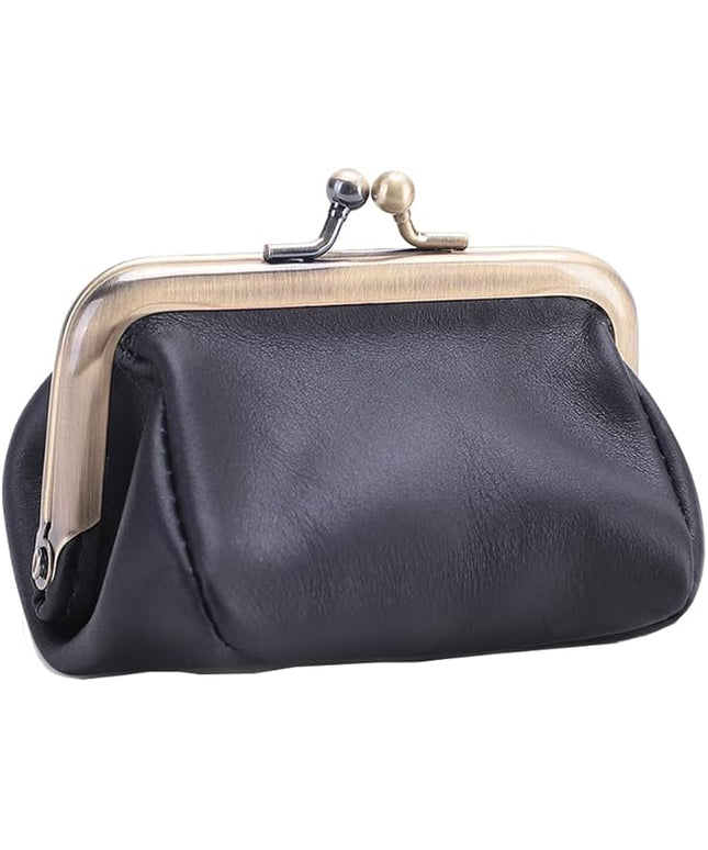 Plinvo Mini Genuine Leather Coin Purse for Women Vintage Kiss Lock Change Organizer Blue (Black)