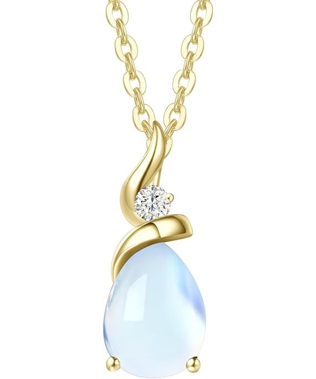 FANCIME 14K Solid Yellow Gold Birthstone Pendant Necklace for Women with Diamond Pear Shaped Teardrop Necklace Birthday Gifts for Mom Women Sterling Silver Chain 16" + 2" Extender