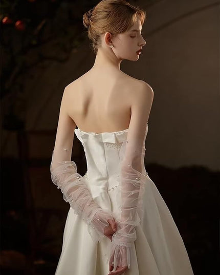 Women's Long Bridal Wedding Tulle Glove Mesh Fingerless Gloves Pearl 1920 Opera Tea Party Sheer Gloves