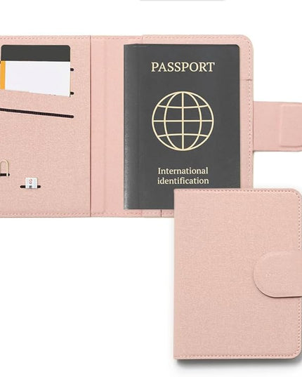 LHiDS Leatherette Passport Holder with RFID Protection, Premium PU Leather, Snap Button Closure, Travel Passport Wallet Cover for Passport, Boarding Passes, Business Cards, Cash (Rose Pink)