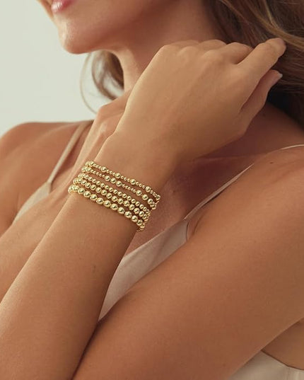 Gold Beaded Bracelets for Women, 14K Real Gold Plated Jewelry for Women Dainty Pearl Bead Bracelets Stack, Non Tarnish Trendy Stackable Ball Cross Stretch Bracelet Set Fashion Accessories Gifts