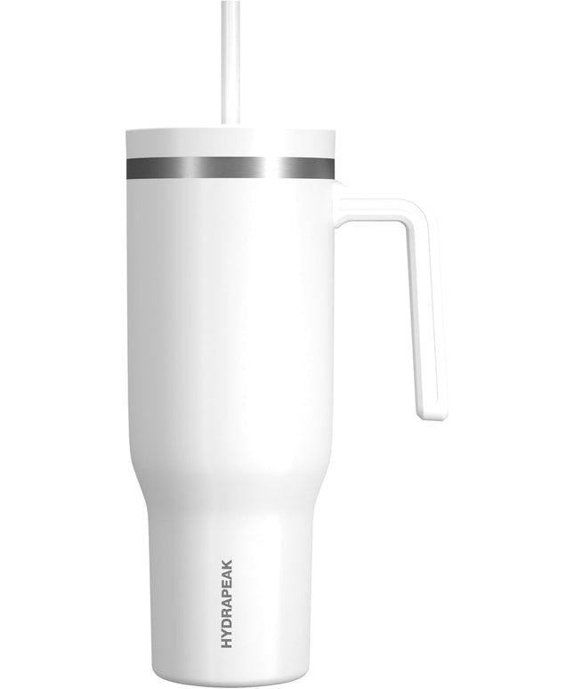 Hydrapeak Voyager 40 Oz Stainless Steel Tumbler with Handle, Insulated Water Bottle With Straw & Lid, Cupholder Friendly Reusable Travel Mug (White)