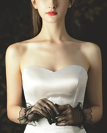 Women's Summer Tulle Gloves Pleated Ruffle Full Finger Wrist Length Opera Party Gloves