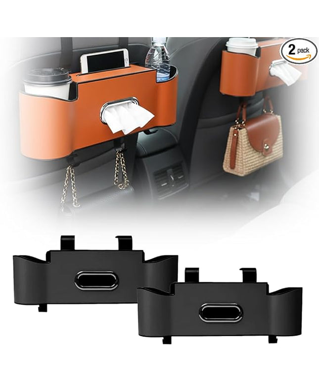 3-in-1 Car Backseat Organizer, 2026 New Multifunctional Back Seat Car Organizer with Cup Holder, Tissue Box, Trash Bin & Hooks for Hold Phones, Snacks, Drinks, Handbags (2, Black)