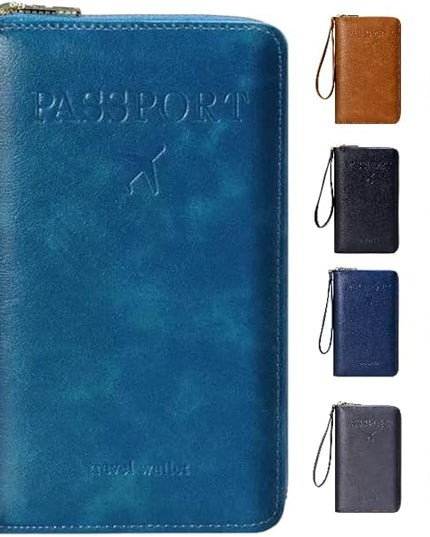 Multi-Functional RFID Passport Wallet,Travel Wallet for Men & Women,With zipper, anti-theft passport holder，Slim Leather Cover for Credit Cards, Tickets, Cash (Blue)