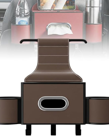 3-in-1 Car Backseat Organizer with Cup Holder, Tissue Box, Trash Bin & Hooks,Multifunctional Back Seat Car Organizer for Hold Phones, Snacks, Drinks, and Handbags (A-Coffee)
