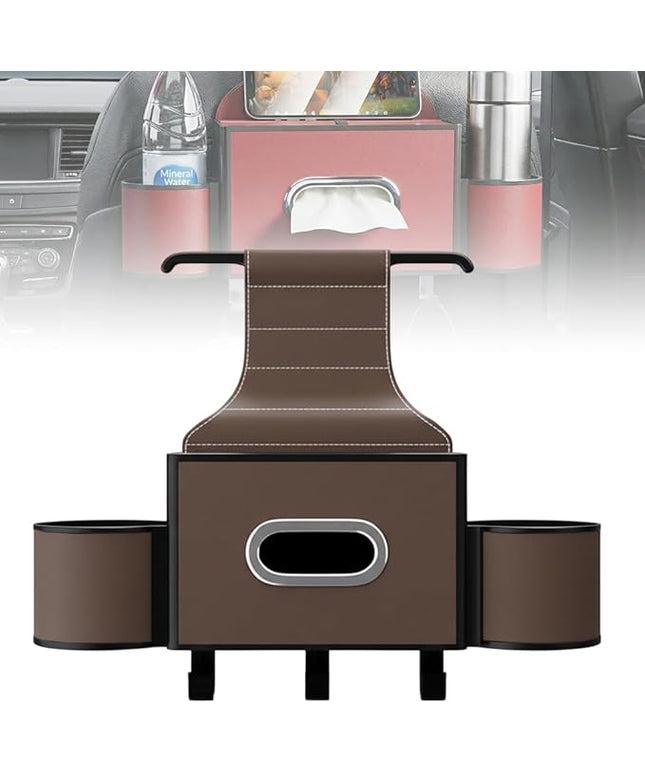 3-in-1 Car Backseat Organizer with Cup Holder, Tissue Box, Trash Bin & Hooks,Multifunctional Back Seat Car Organizer for Hold Phones, Snacks, Drinks, and Handbags (A-Coffee)