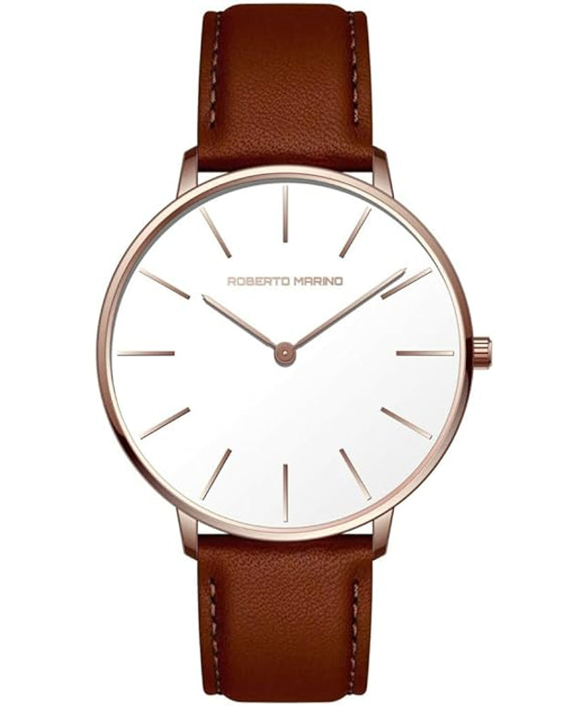 Roberto Marino RM1423 Men’s Luxury Watch – Japanese Quartz, Leather Strap, White Dial, 3 ATM Water Resistant