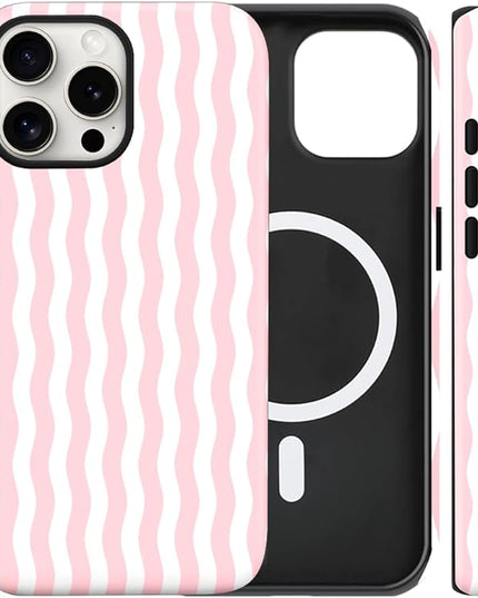Magnetic for iPhone 13/14 Case Cute Wavy Stripes Phone Case, Shockproof Slim TPU and Hard PC Protective Phone Cover Compatible with MagSafe Designed for Women Girls, Pink