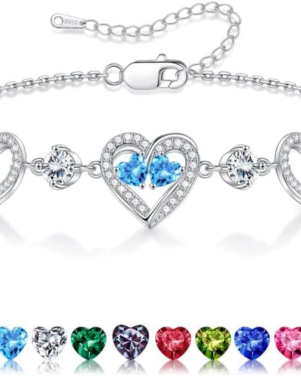Iefil Valentines Day Gifts for Her - 925 Sterling Silver Heart Birthstone Bracelet Birthday Anniversary Jewelry Gifts for Her Wife