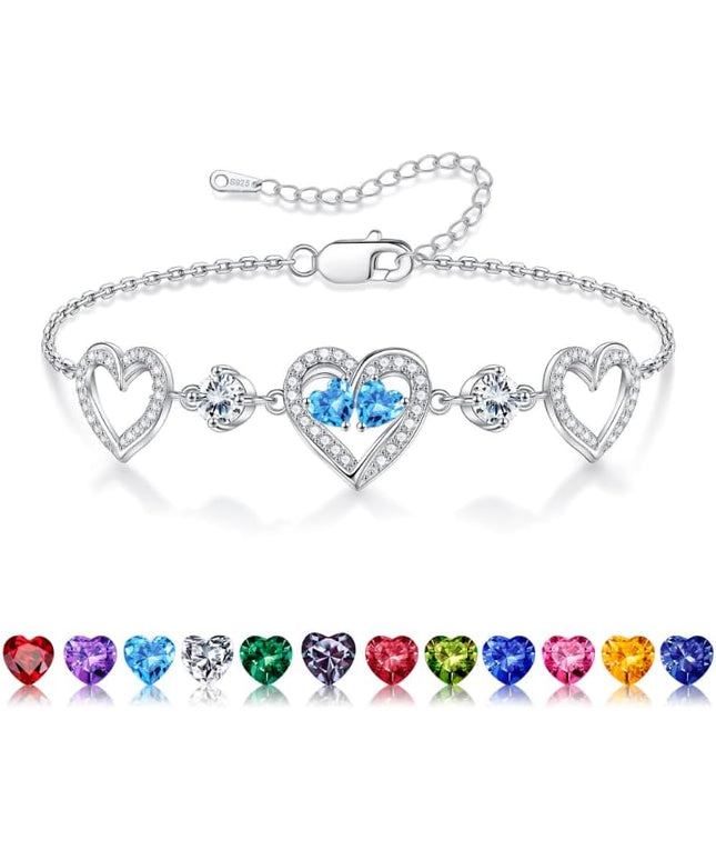 Iefil Valentines Day Gifts for Her - 925 Sterling Silver Heart Birthstone Bracelet Birthday Anniversary Jewelry Gifts for Her Wife