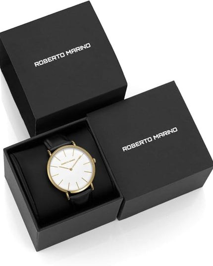 Roberto Marino RM1423 Men’s Luxury Watch – Japanese Quartz, Leather Strap, White Dial, 3 ATM Water Resistant