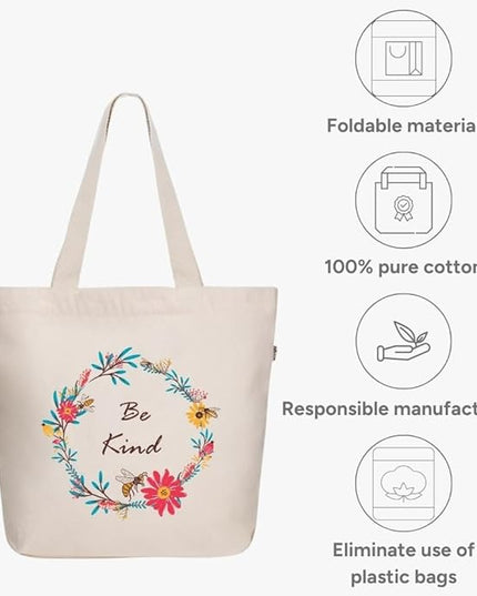 Ecoright Aesthetic Canvas Tote Bag for Women Large Zipper Tote Bags with Pocket, Womens Tote Bag for Yoga, Work, Beach