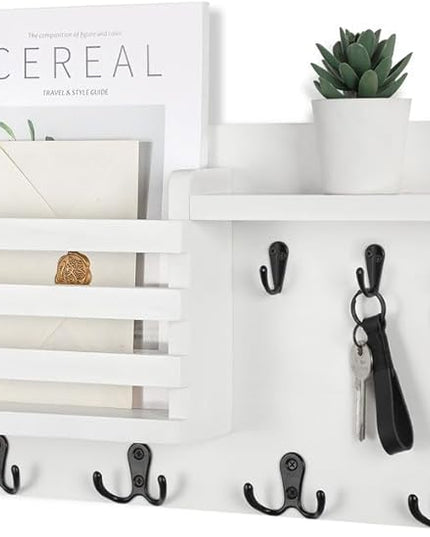 Nekon Mail Holder for Wall Mail Organizer with Key Hooks Hallway Farmhouse Decor Storage Racks with Floating Shelf and Flush Mount Hardware (16.8Inch x 10Inch x 3.2Inch)