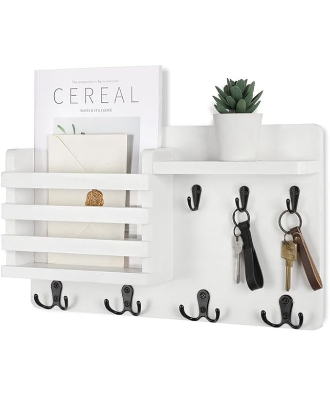 Nekon Mail Holder for Wall Mail Organizer with Key Hooks Hallway Farmhouse Decor Storage Racks with Floating Shelf and Flush Mount Hardware (16.8Inch x 10Inch x 3.2Inch)