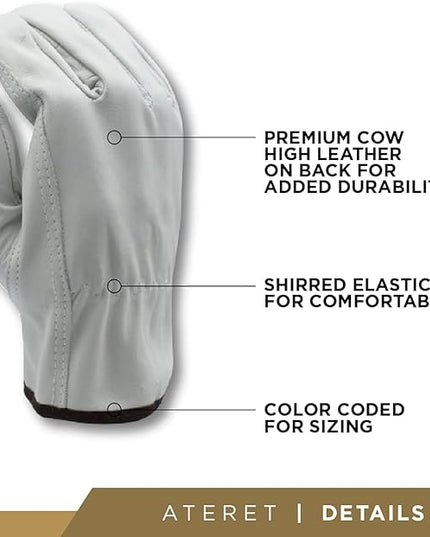 ATERET 24 Pairs Large Heavy Duty Durable Cowhide Leather Work Gloves I Driver Gloves for Truck Driving, Warehouse, Gardening, Farming