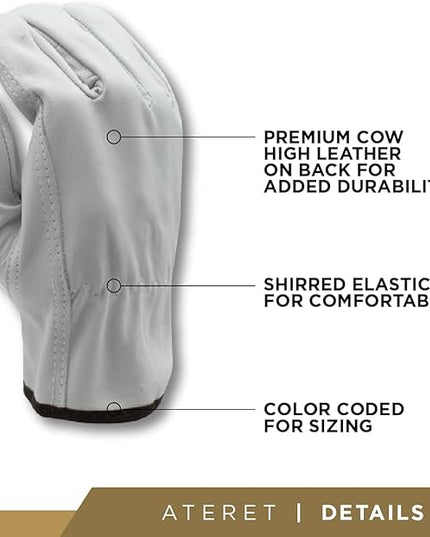 ATERET 120 Pairs Large Heavy Duty Durable Cowhide Leather Work Gloves I Driver Gloves for Truck Driving, Warehouse, Gardening, Farming