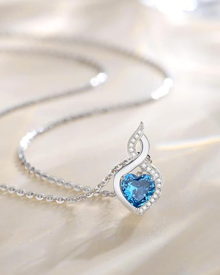FANCIME 14K Solid White Gold Heart Birthstone Necklace with Diamond Pendent Birthday Gifts for Mom Women, Sterling Silver Chain 16" + 2" Extender