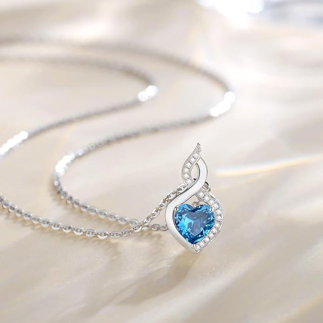 FANCIME 14K Solid White Gold Heart Birthstone Necklace with Diamond Pendent Birthday Gifts for Mom Women, Sterling Silver Chain 16" + 2" Extender
